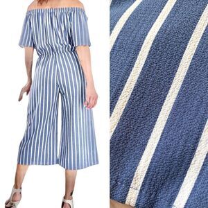 Blue minimal Stripe Culotte Jumpsuit off shoulder romper blue coastal preppy S